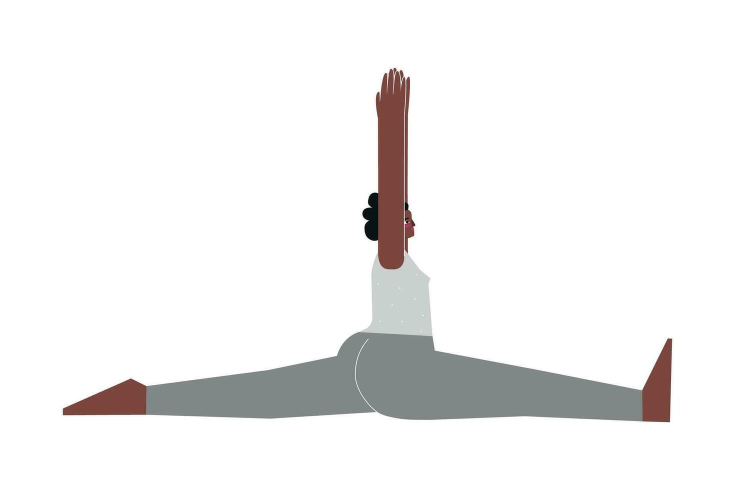 vettore isolato illustrazione con piatto femmina africano americano carattere. allegro esercizio - scimmia posa. forte donna impara seduto posizione hanumanasana a yoga classe.