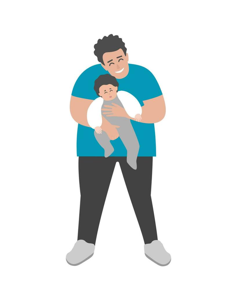 vettore isolato piatto illustrazione con cartone animato corpo positivo padre è sorridente, Tenere nel il suo braccia poco carino bambino. contento papà Spettacoli genitori amore e cura. adorabile famiglia relazioni