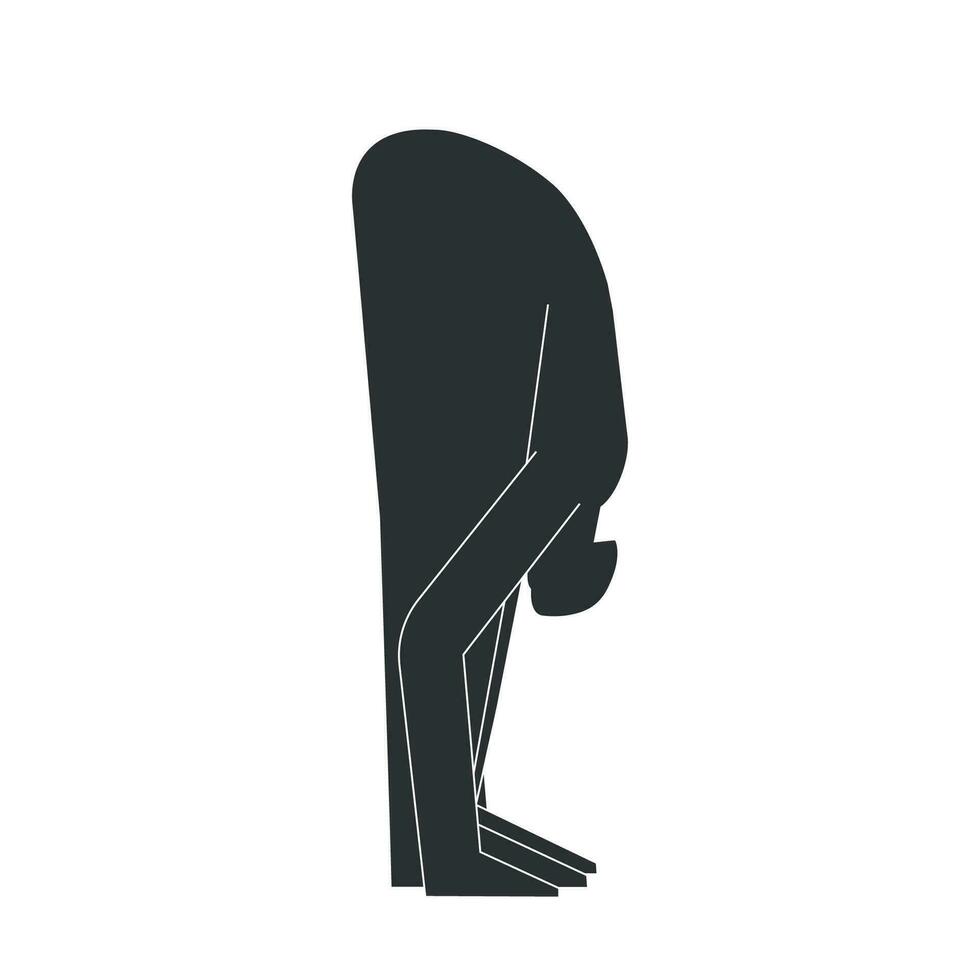 vettore isolato illustrazione con piatto nero silhouette di femmina carattere. allegro donna impara yoga posizione uttanasana. fitness esercizio - in piedi inoltrare piegare. minimalista design