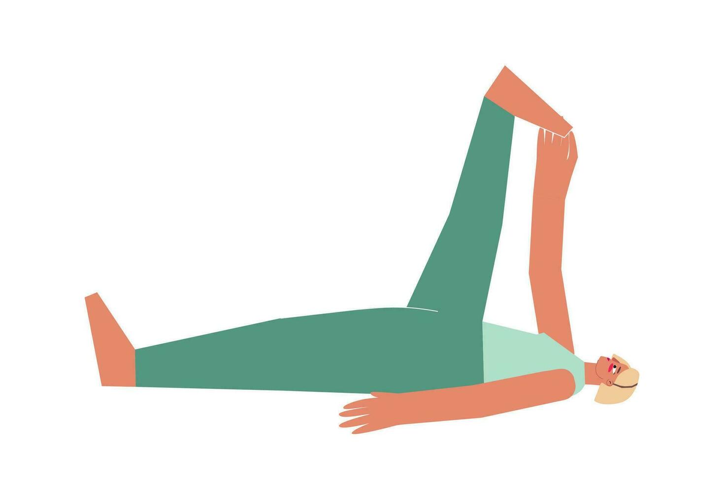 vettore concetto con piatto femmina carattere. allegro bionda donna impara allungamento posizione supta padangusthasana a yoga classe. fitness esercizio per principianti - reclinabile mano per grande dito del piede posa