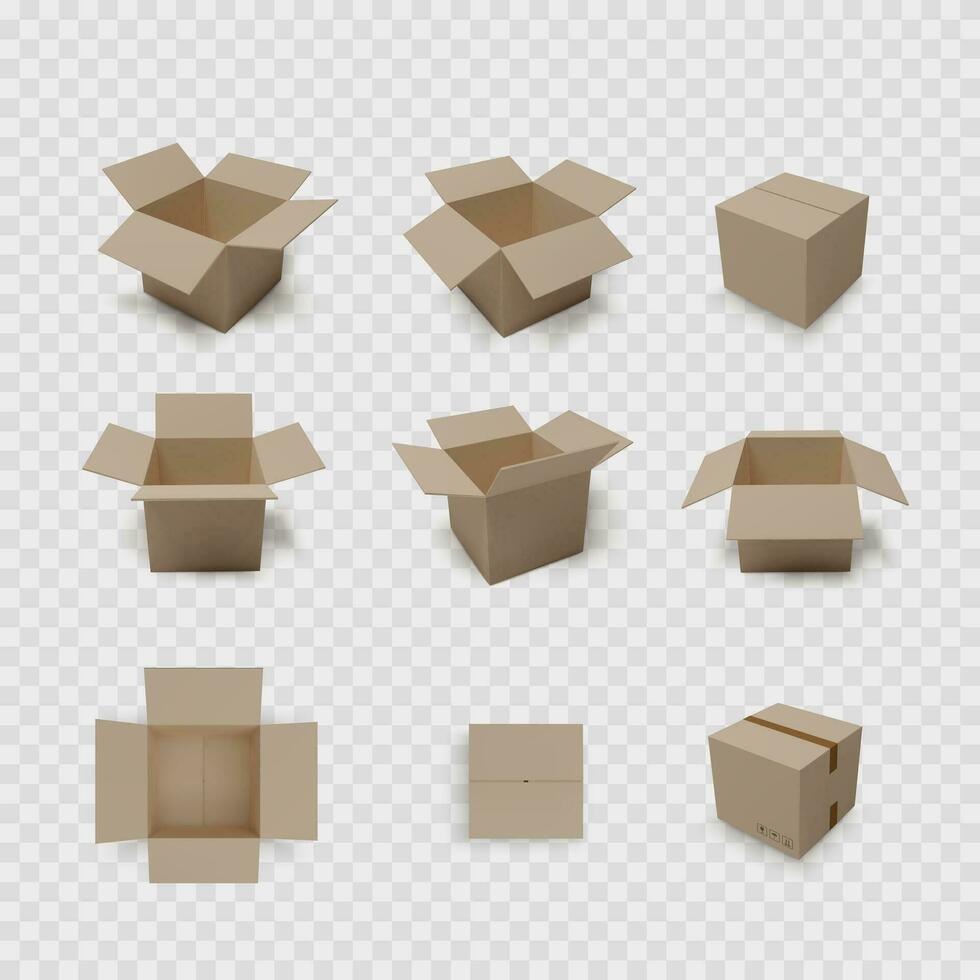 scatola collezione. scatola di cartone Aperto e chiuso contenitore. Marrone confezione impostare. vettore