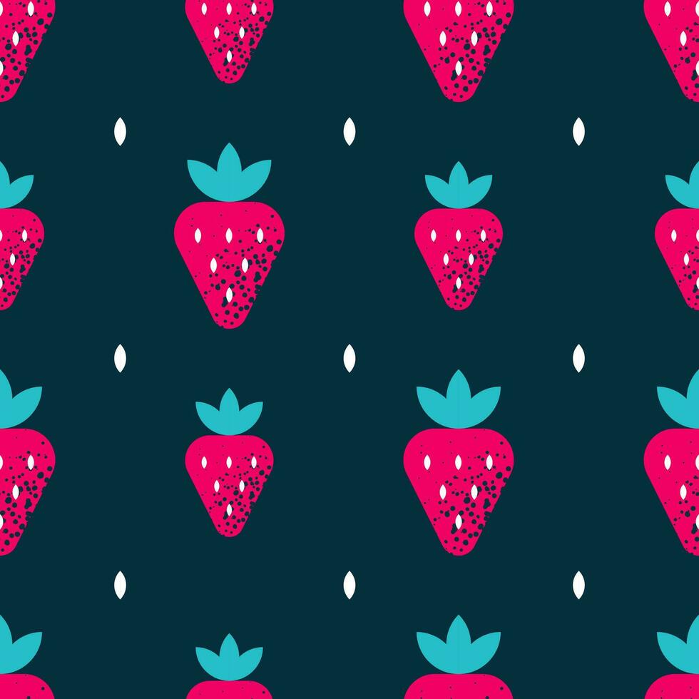 senza soluzione di continuità modello con fragola. tropicale Stampa con frutti di bosco su buio sfondo. colorato geometrico modello. vettore design per tessuto, Stampa, involucro, tessile. cartone animato piatto stile.