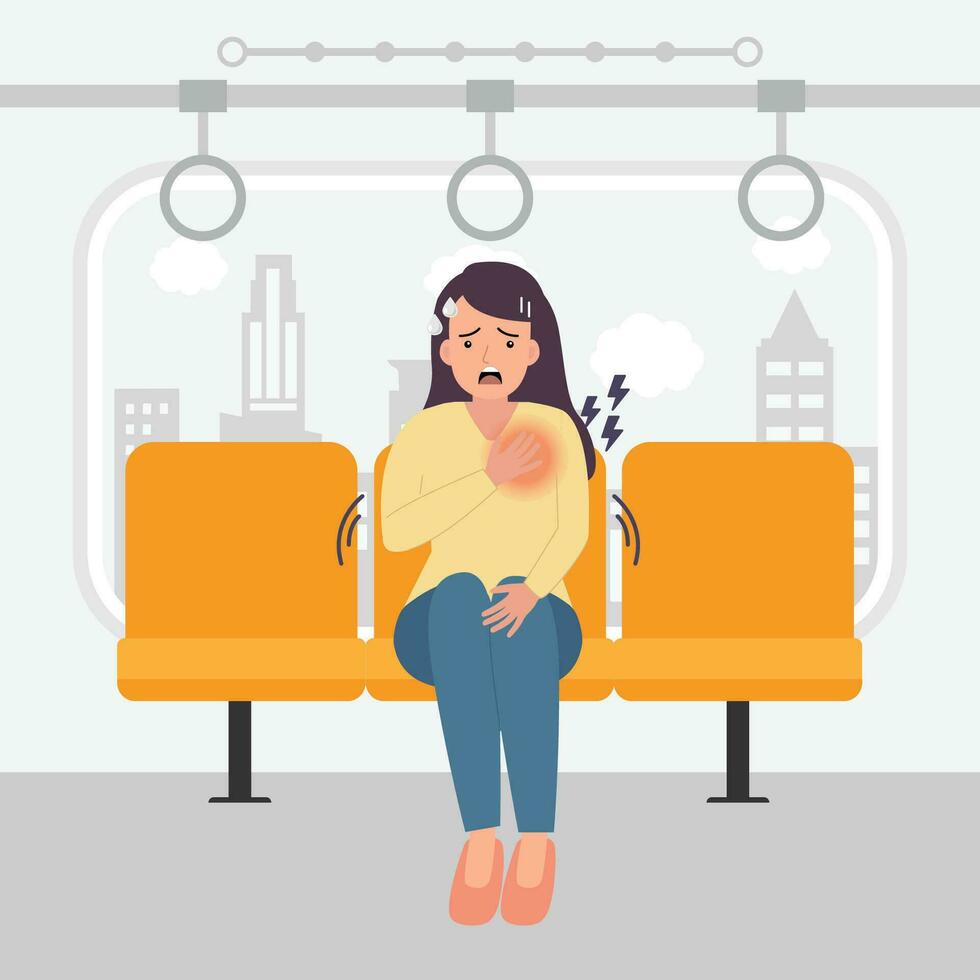 donna avendo panico attacco nel skytrain cartone animato vettore illustrazione.