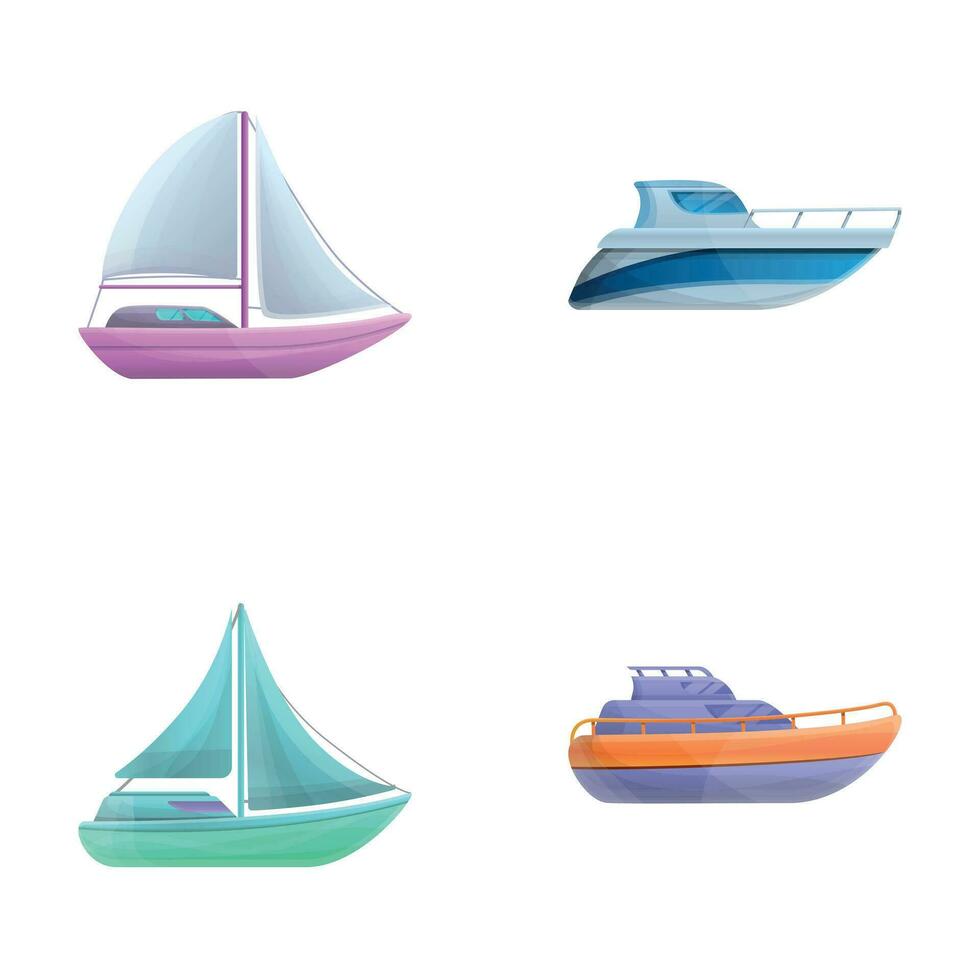 acqua trasporto icone impostato cartone animato vettore. viaggio yacht e motoscafo vettore