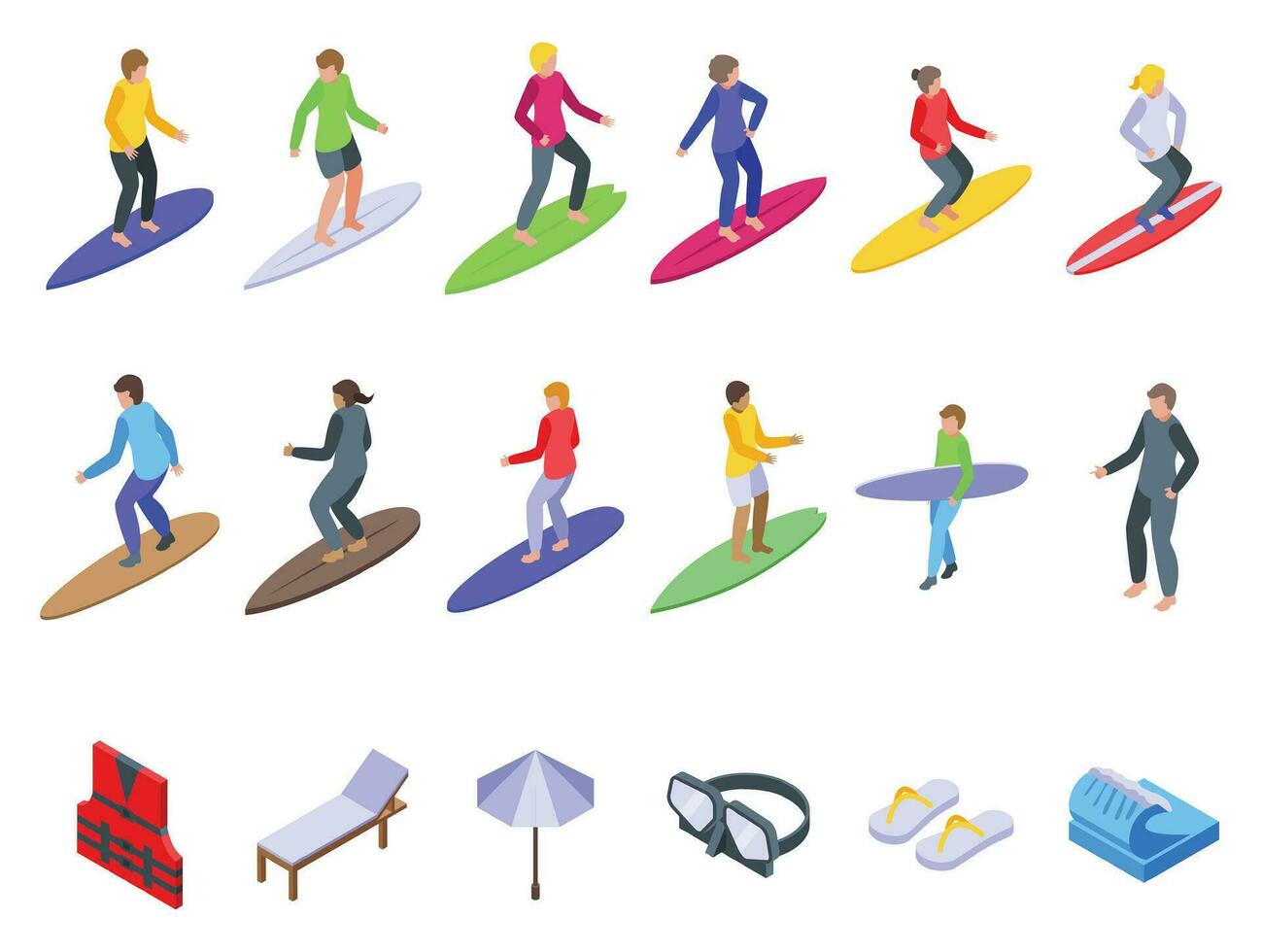 bambini siamo fare surf icone impostato isometrico vettore. onda spiaggia vettore