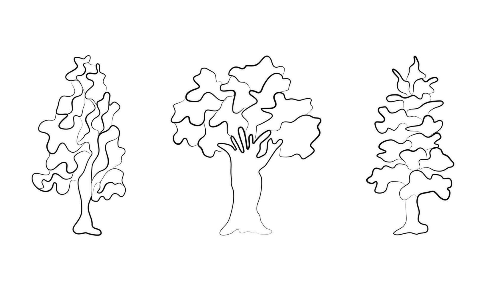 linea arte vario tronchi e fogliame di impianti, foresta alberi. schizzo stile, linea mano disegno. albero illustrazione. linea e silhouette di alberi isolato vettore