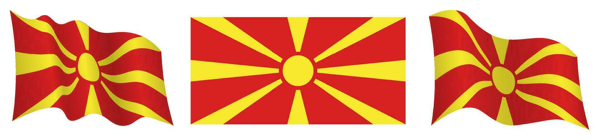 bandiera di nord macedonia nel statico posizione e nel movimento, svolazzanti nel vento nel esatto colori e taglie, su bianca sfondo vettore