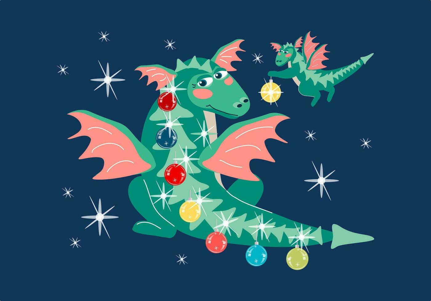 un adulto Drago come un' Natale albero con multicolore bicchiere palle su picchi, un' bambino con un' Natale palla svolazza nel il aria qui vicino. vettore nuovo anno cartone animato illustrazione