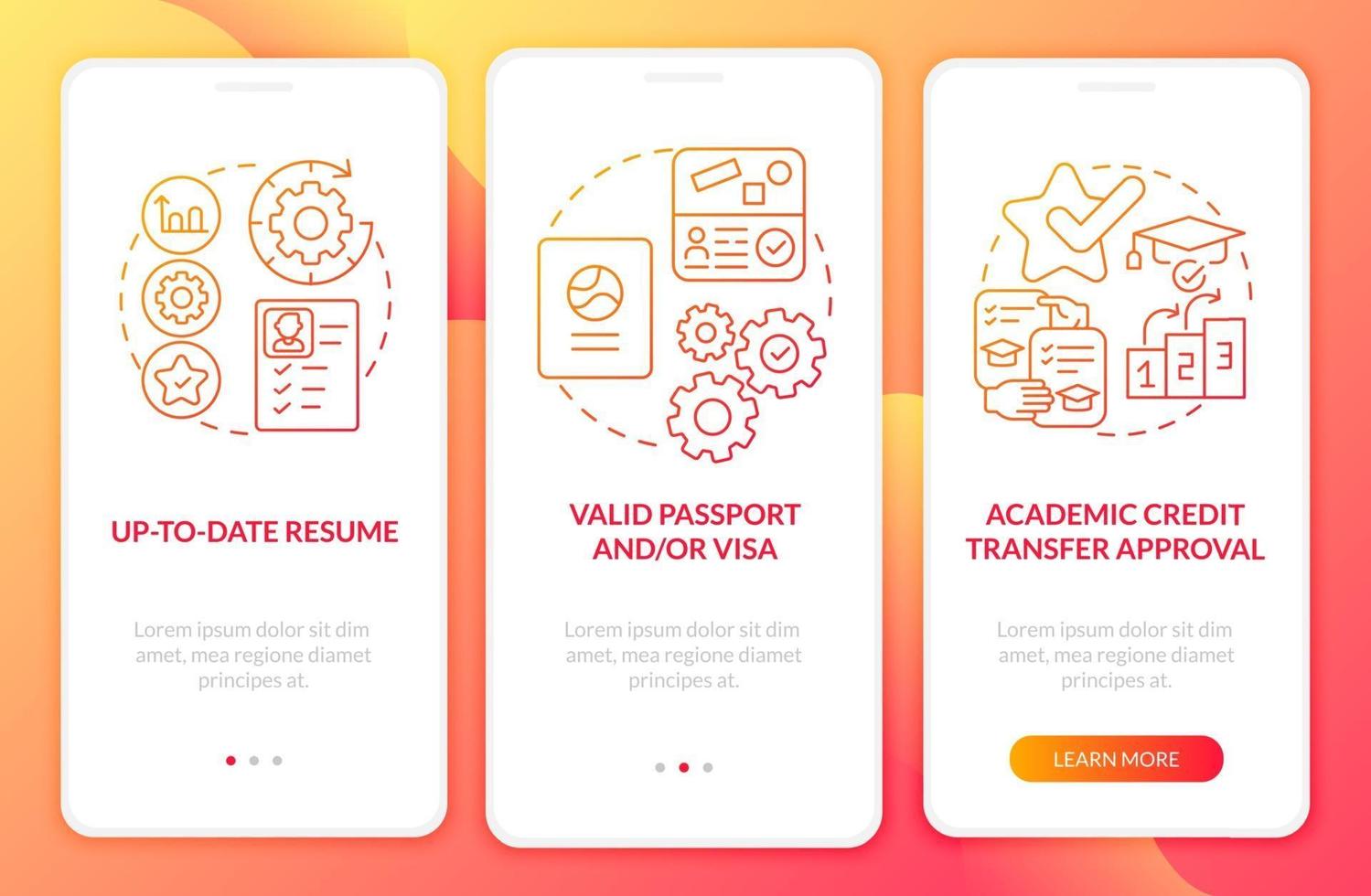 tirocinio all'estero must-have schermata della pagina dell'app mobile onboarding vettore