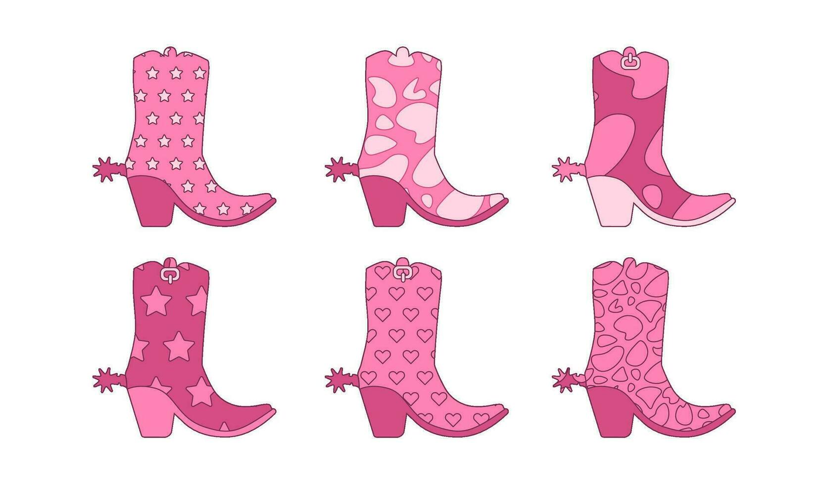 impostato di rosa di moda cowgirl stivali con speroni e vario ornamenti. piatto contorno vettore illustrazione.