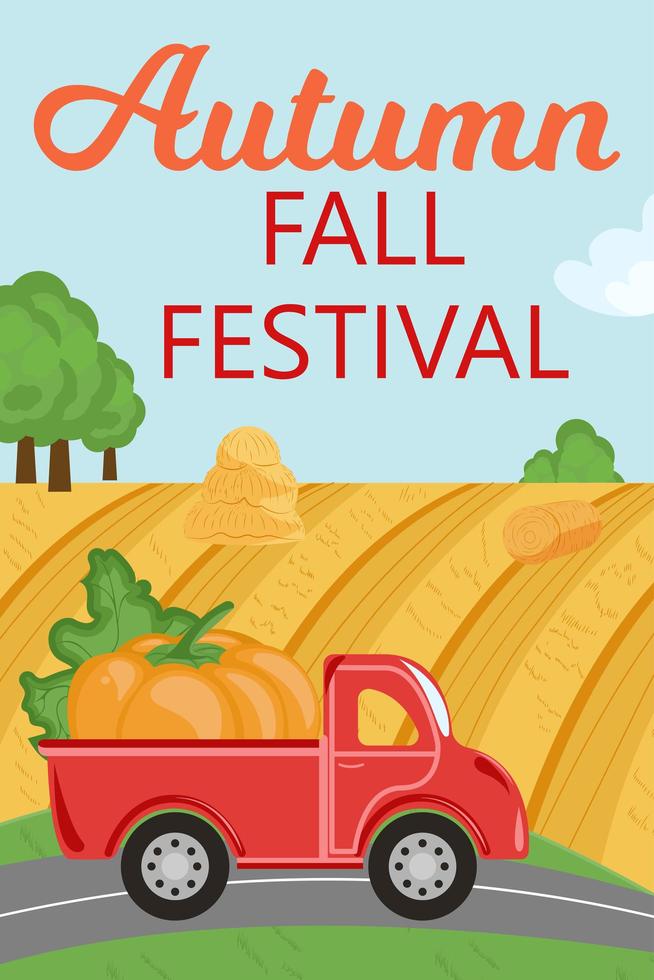 festival autunnale autunnale. camion con zucca guida su strada, campagna vettore