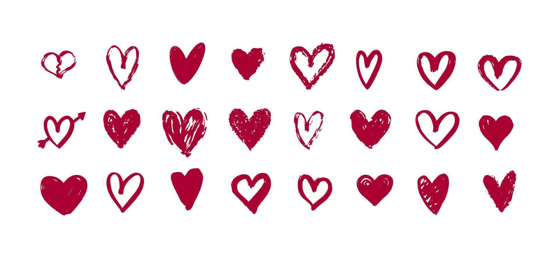 rosso cuore scarabocchi impostare. mano disegnato cuori collezione. amore icona vettore illustrazione