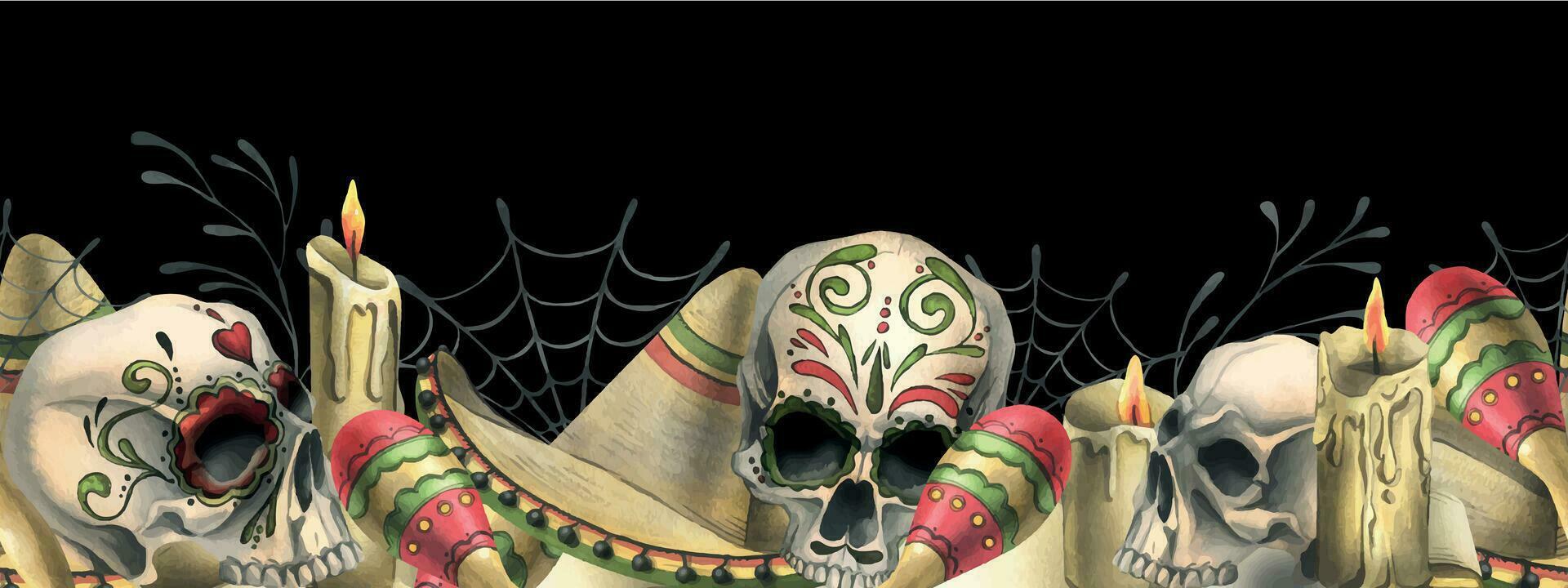 ornato umano cranio con un' sombrero cappello, maracas e candele. mano disegnato acquerello illustrazione per giorno di il morto, Halloween, dia de los muertos. senza soluzione di continuità confine su un' nero sfondo. vettore