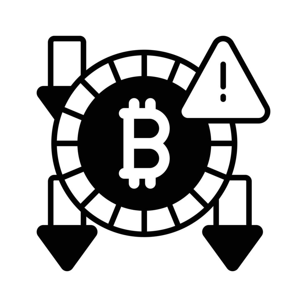 verso il basso frecce e avvertimento cartello con bitcoin mostrando concetto vettore di bitcoin frode