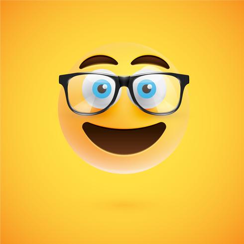 Emoticon giallo 3D con gli occhiali, illustrazione vettoriale