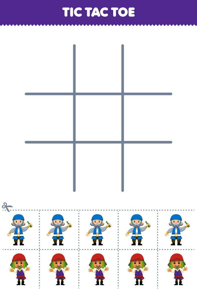 formazione scolastica gioco per bambini tic tac dito del piede impostato con carino cartone animato pirata equipaggio immagine stampabile pirata foglio di lavoro vettore