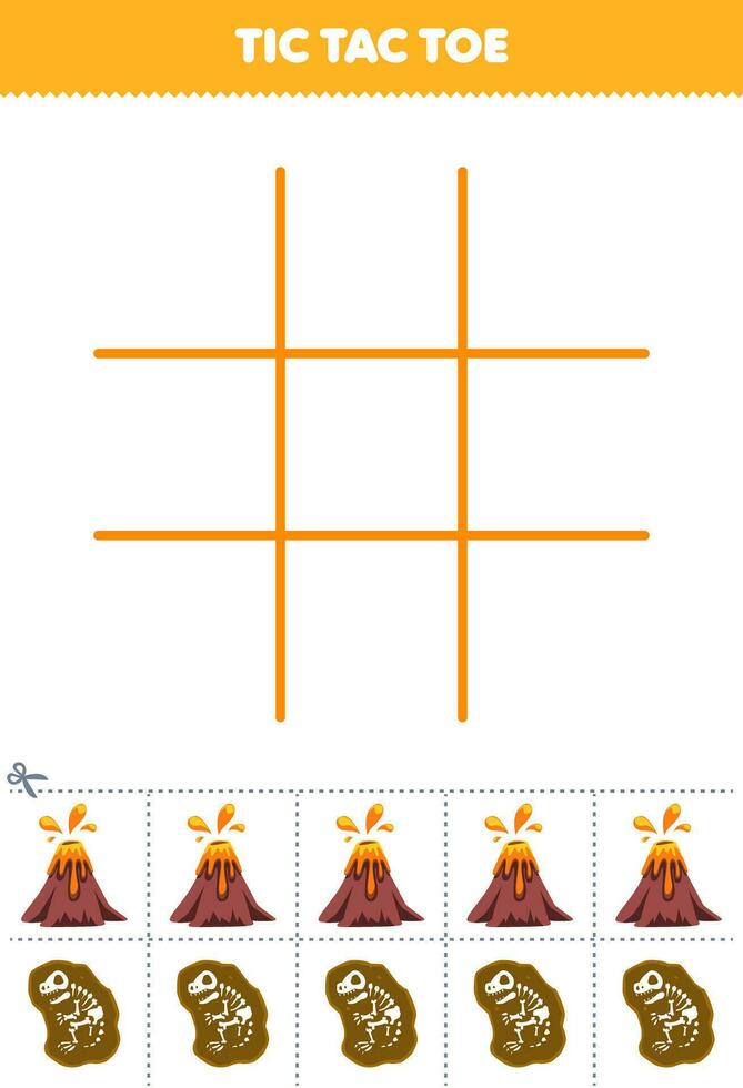 formazione scolastica gioco per bambini tic tac dito del piede impostato con carino cartone animato vulcano e dino fossili immagine stampabile preistorico dinosauro foglio di lavoro vettore