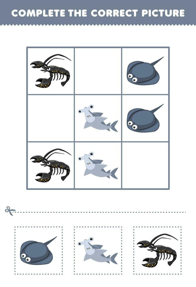 formazione scolastica gioco per bambini completare il corretta immagine di un' carino cartone animato Stingray martello squalo e aragosta stampabile subacqueo foglio di lavoro vettore