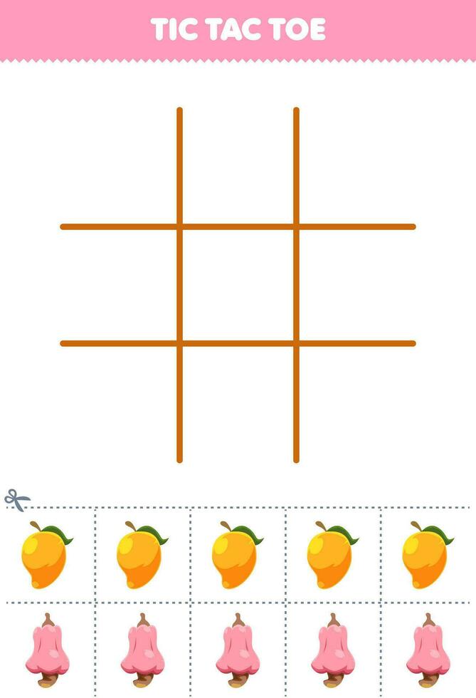 formazione scolastica gioco per bambini tic tac dito del piede impostato con carino cartone animato Mango e anacardio immagine stampabile frutta foglio di lavoro vettore