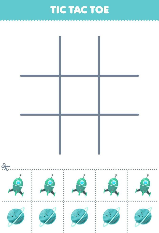 formazione scolastica gioco per bambini tic tac dito del piede impostato con carino cartone animato razzo e Urano pianeta immagine stampabile solare sistema foglio di lavoro vettore