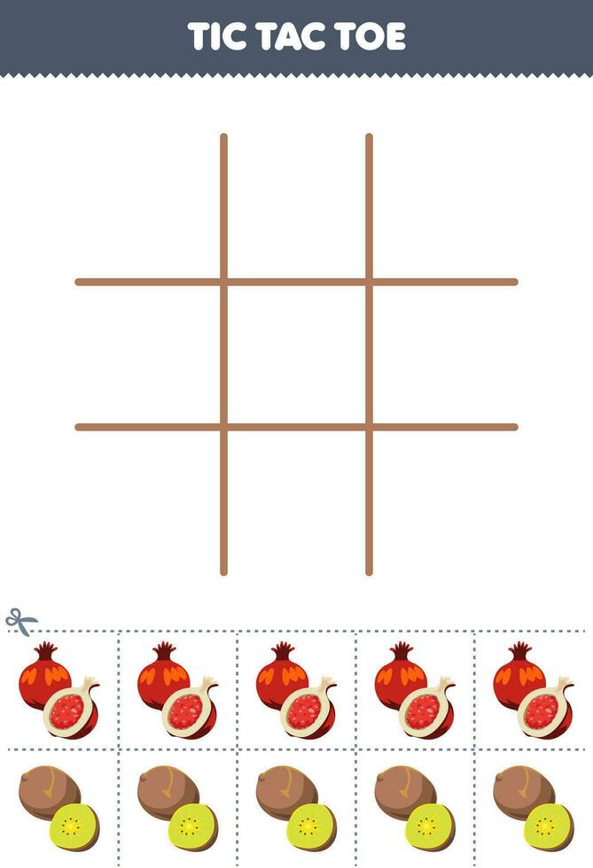 formazione scolastica gioco per bambini tic tac dito del piede impostato con carino cartone animato Melograno e Kiwi immagine stampabile frutta foglio di lavoro vettore