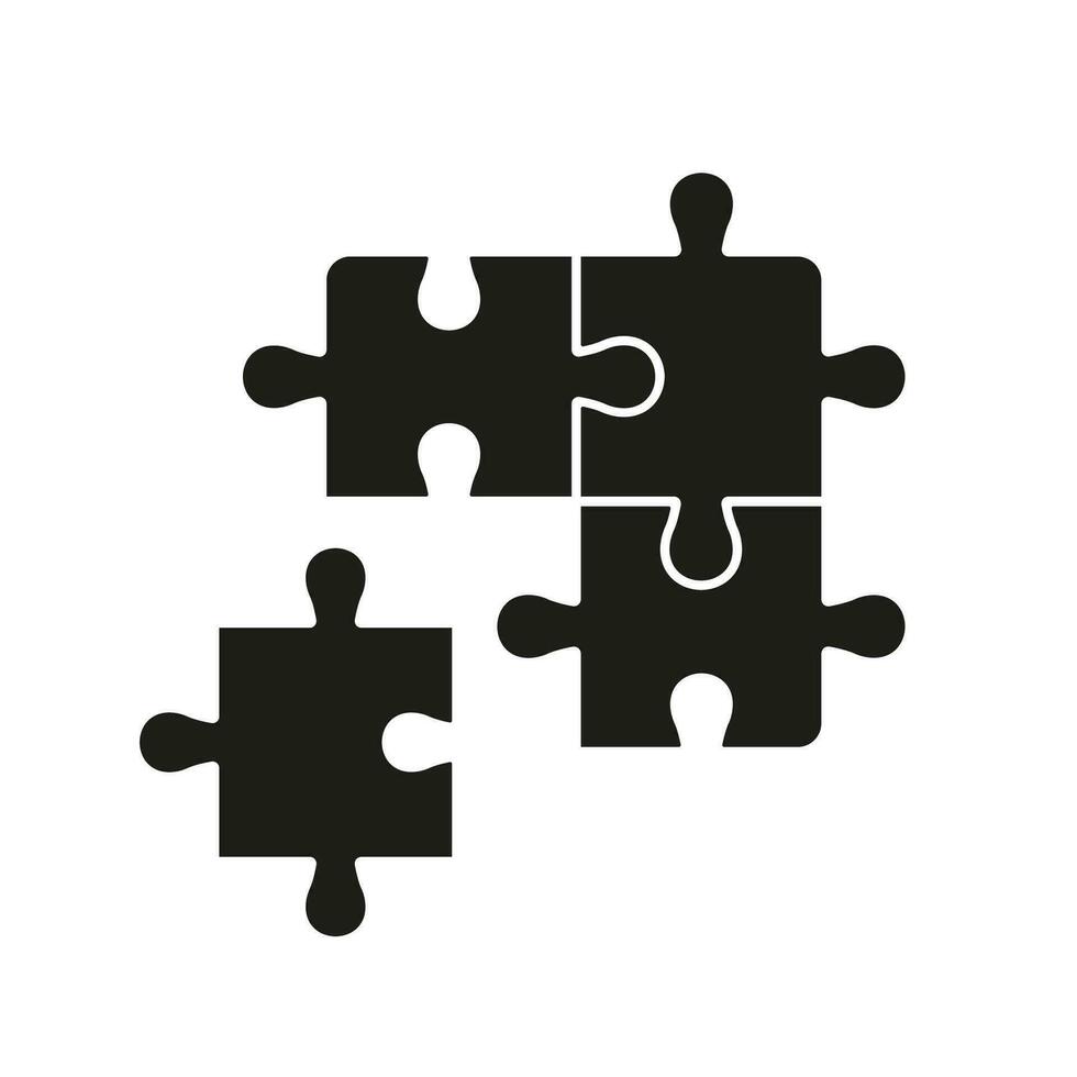 sega soluzione, logica combinazione e integrazione solido cartello. puzzle piazza pezzi incontro silhouette icona. semplice idea, completare sfida gioco glifo pittogramma. isolato vettore illustrazione.