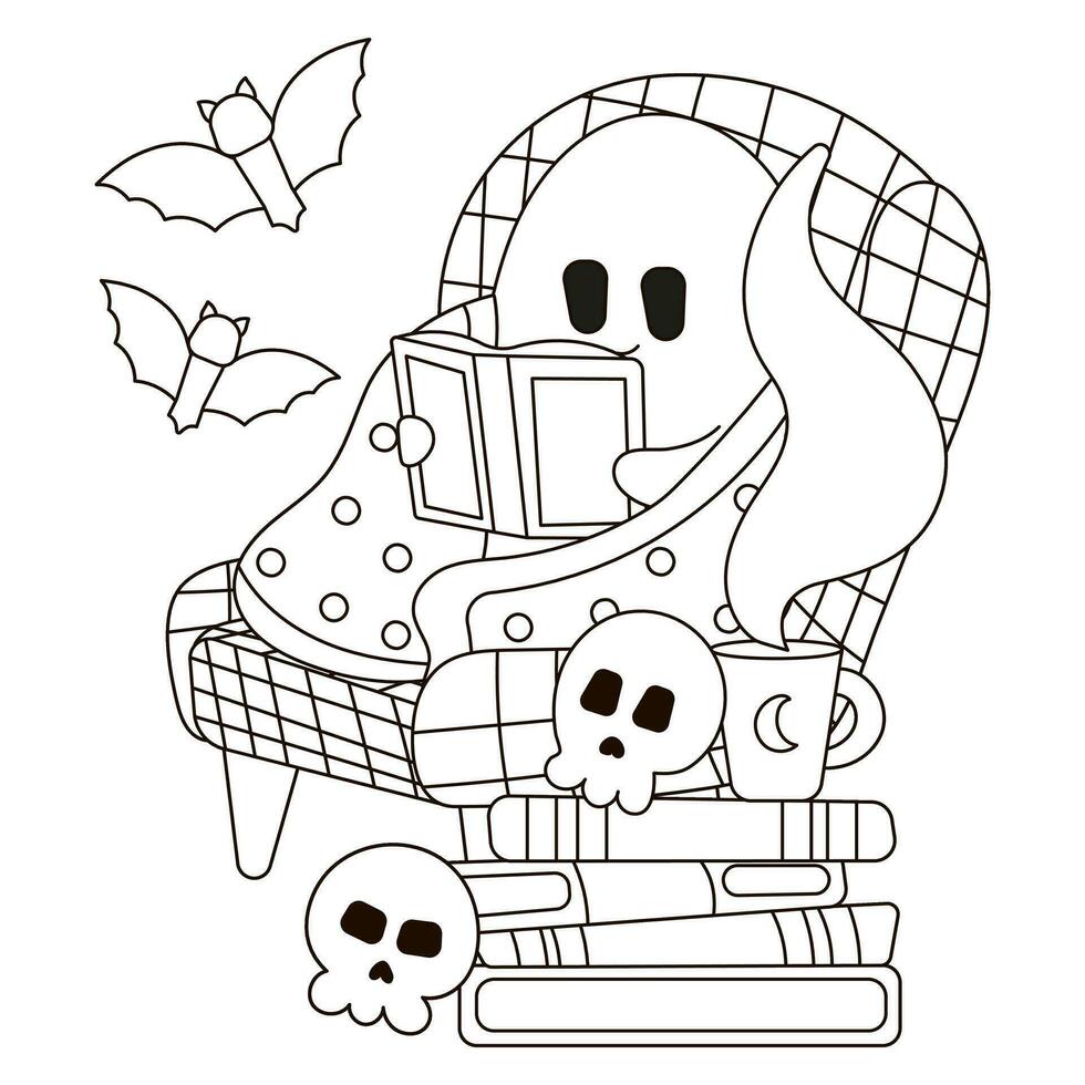 Halloween accogliente colorazione pagina con fantasma personaggio seduta nel poltrone e lettura libri, pipistrelli e teschi vettore
