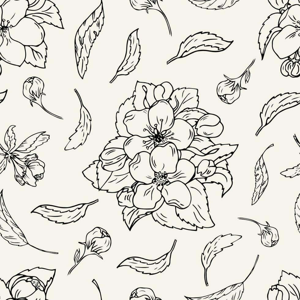 senza soluzione di continuità modello di ciliegia fiori. ciliegia o Mela fiori e le foglie. vettore mano disegnato botanico sfondo per tessile