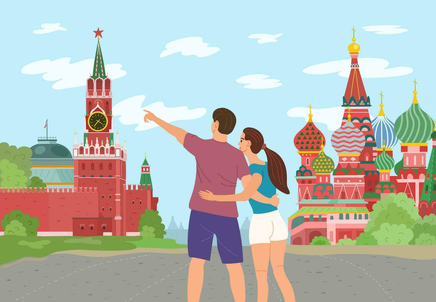 rosso piazza nel il centro di Mosca nel Russia. un' giovane coppia è in viaggio in giro Mosca. vettore illustrazione