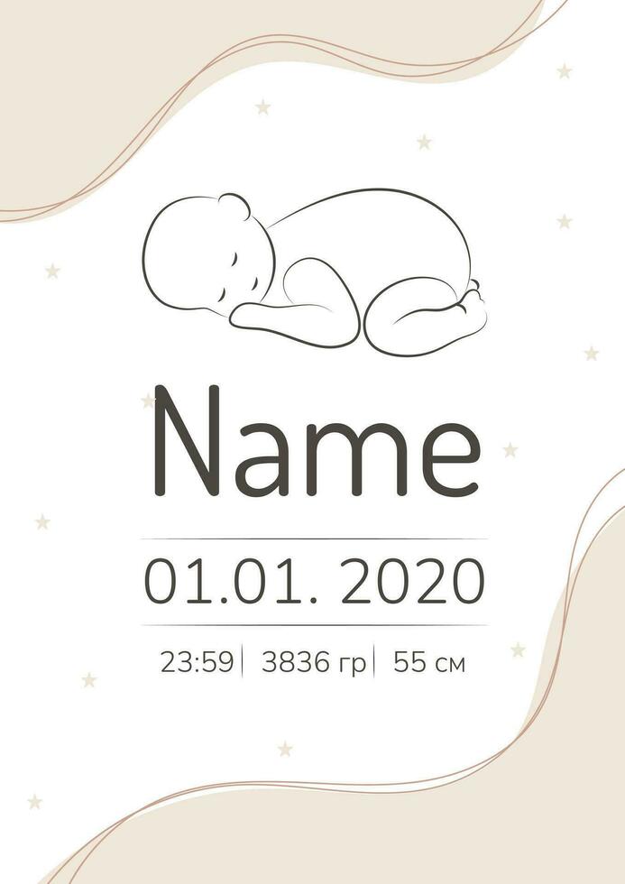 vettore carino addormentato bambino, linea arte stile. bambino metrico per neonato, bandiera con nome, peso e altezza.