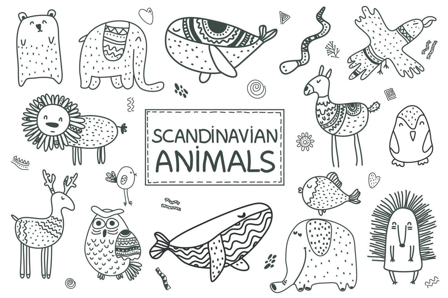 set scandinavo di simpatici animali balena, leone, aquila, elefante, lama, vettore