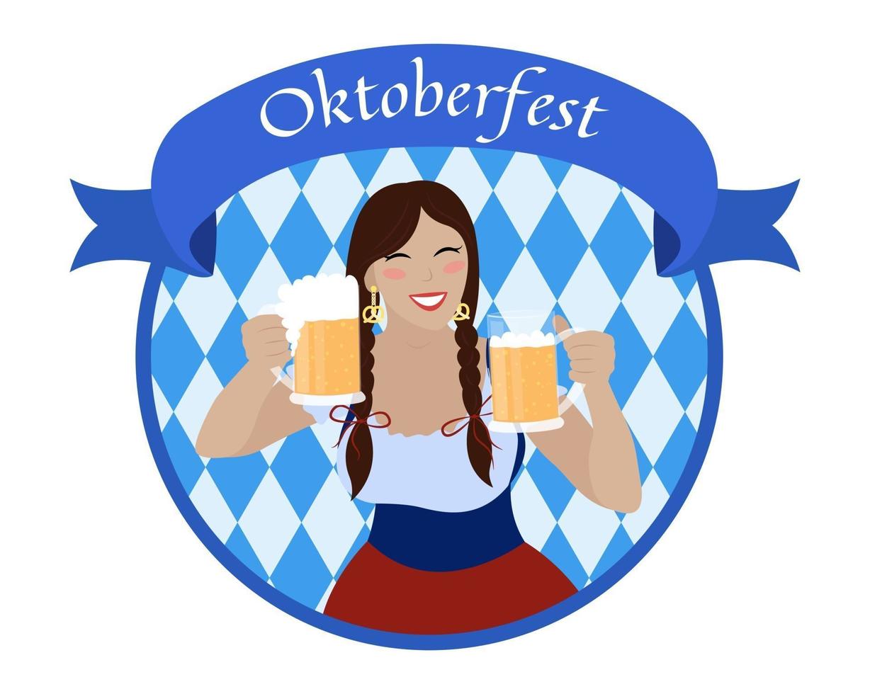 ragazza più oktoberfest con boccali di birra. donna sorridente in abito dirndl vettore