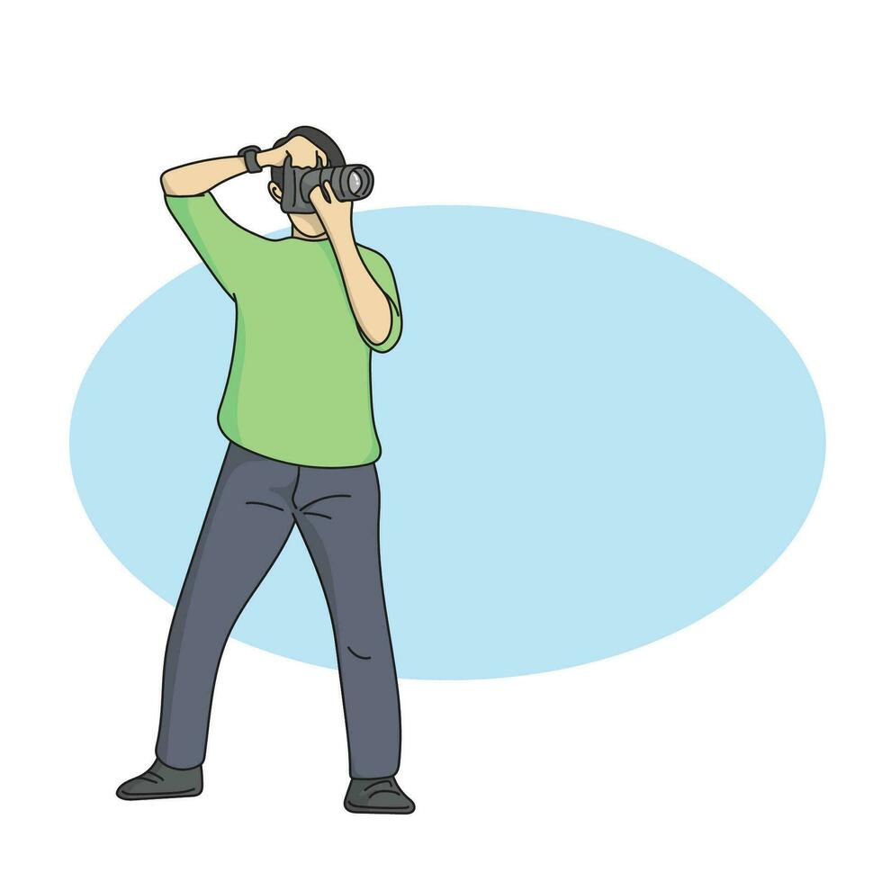 maschio fotografo utilizzando dslr telecamera per prendere foto su blu vuoto spazio illustrazione vettore mano disegnato isolato su bianca sfondo