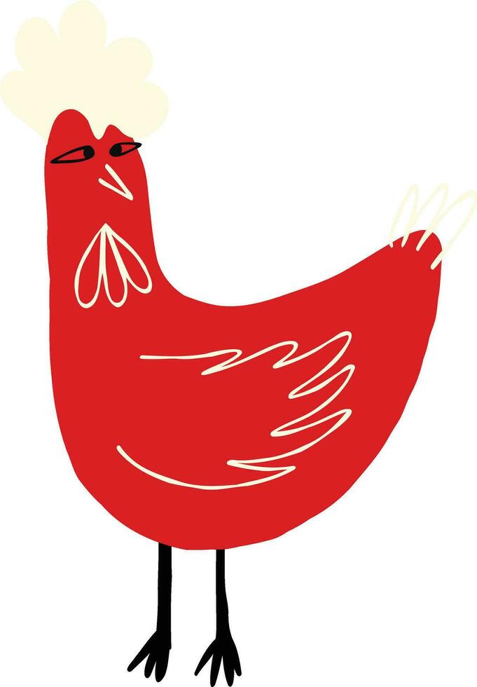 strano rosso pollo con stupido viso. carino comico personaggio uccello mano disegnato illustrazione vettore