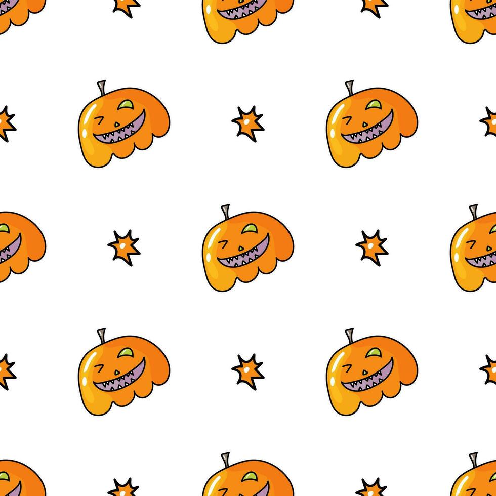 senza soluzione di continuità modello con Halloween zucche. Jack arancia lanterna disegnato con lavorato facce nel scarabocchio vettore