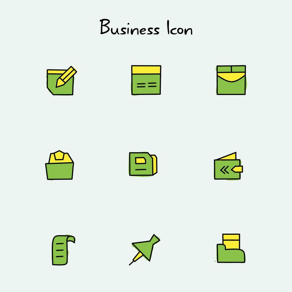 impostato di attività commerciale icona disegni, con verde e giallo colori, e vario forme vettore