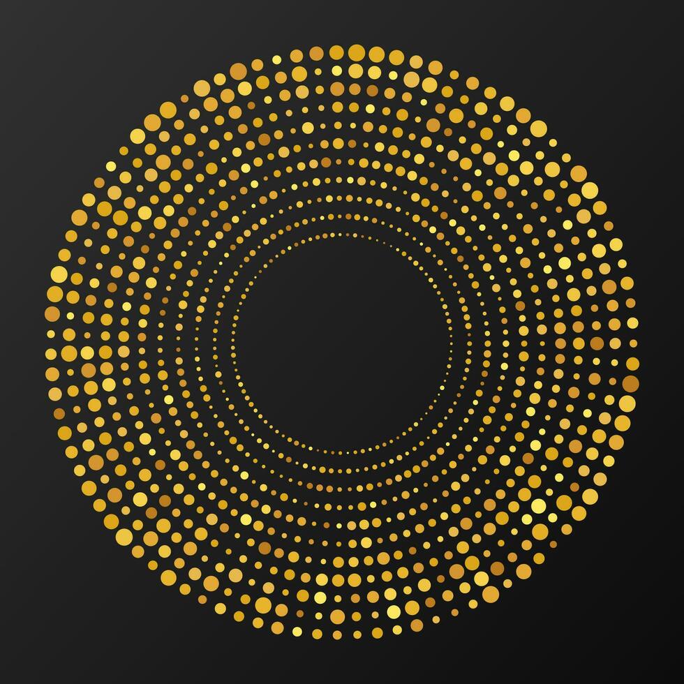 astratto oro raggiante mezzitoni tratteggiata sfondo. oro luccichio modello nel cerchio modulo. cerchio mezzitoni punti. vettore illustrazione