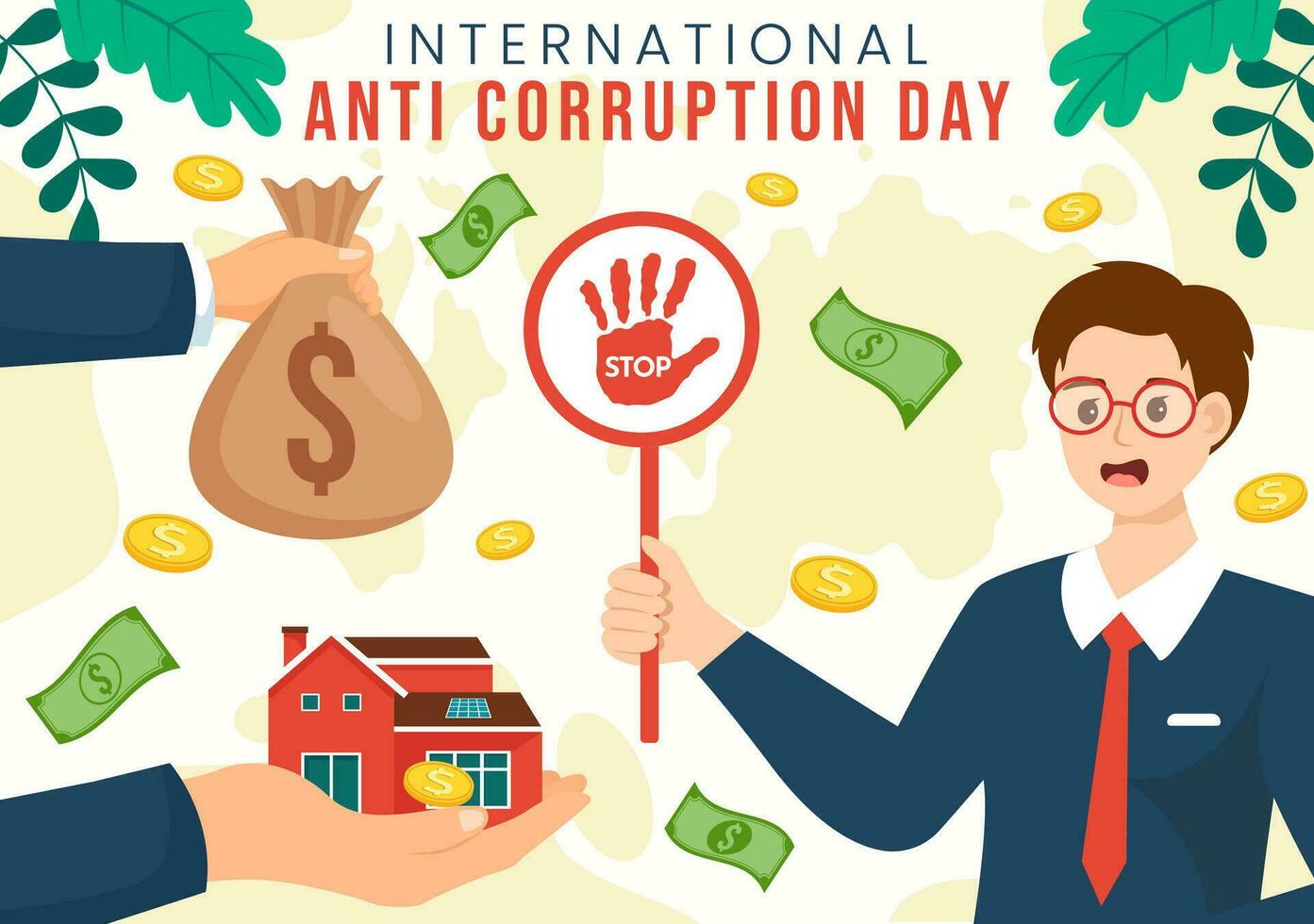 anti corruzione giorno vettore illustrazione su 9 dicembre con fermare dare i soldi e moneta dollaro con un' divieto cartello nel piatto cartone animato sfondo design