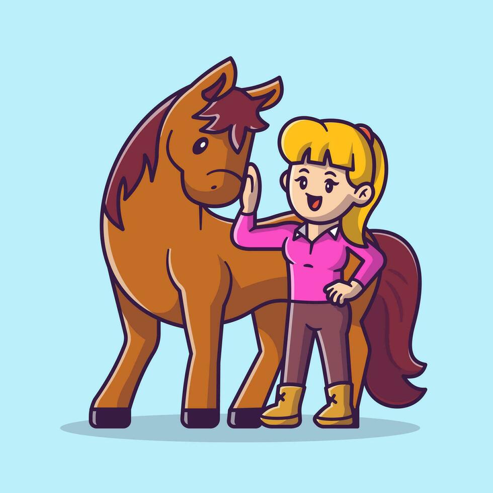 carino donna con cavallo cartone animato vettore icona illustrazione. persone animale icona concetto isolato premio vettore. piatto cartone animato stile