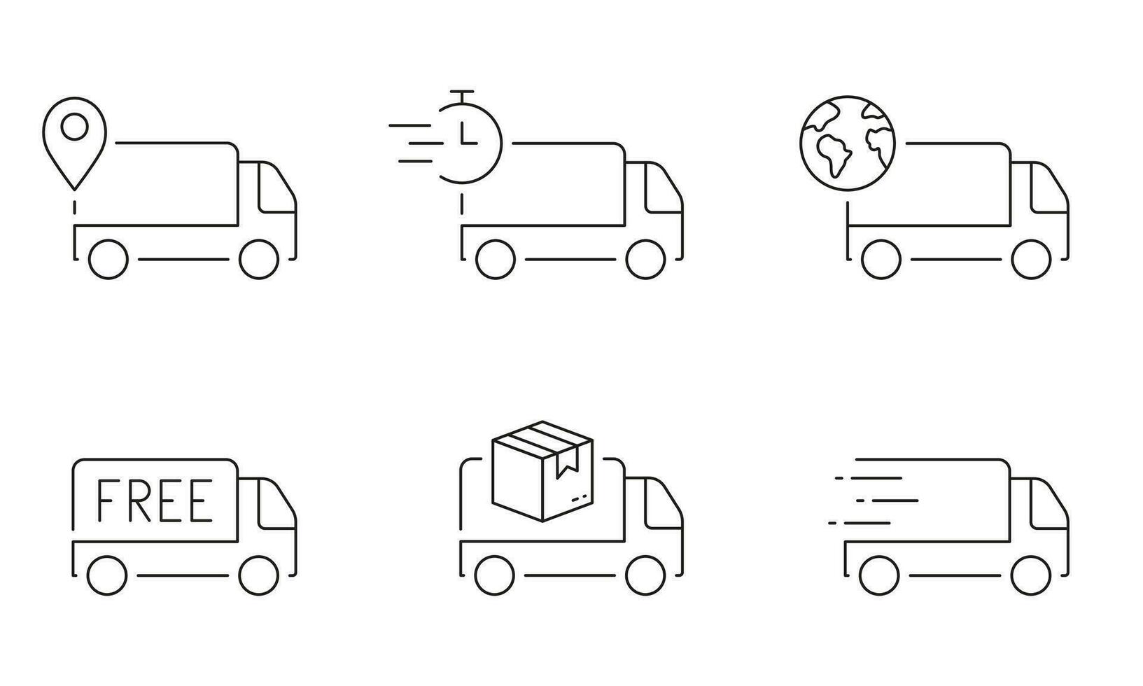 consegna camion linea icona impostare. veloce furgone, gratuito spedizione trasporto lineare pittogramma. carico mezzi di trasporto schema simbolo. pacco spedizione, logistica cartello. modificabile ictus. isolato vettore illustrazione.