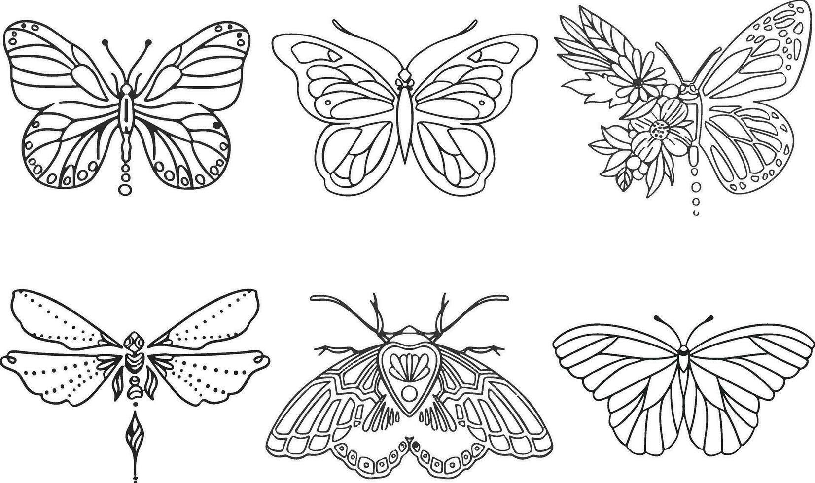 impostato di lineare farfalle monocromatico illustrazione vettore