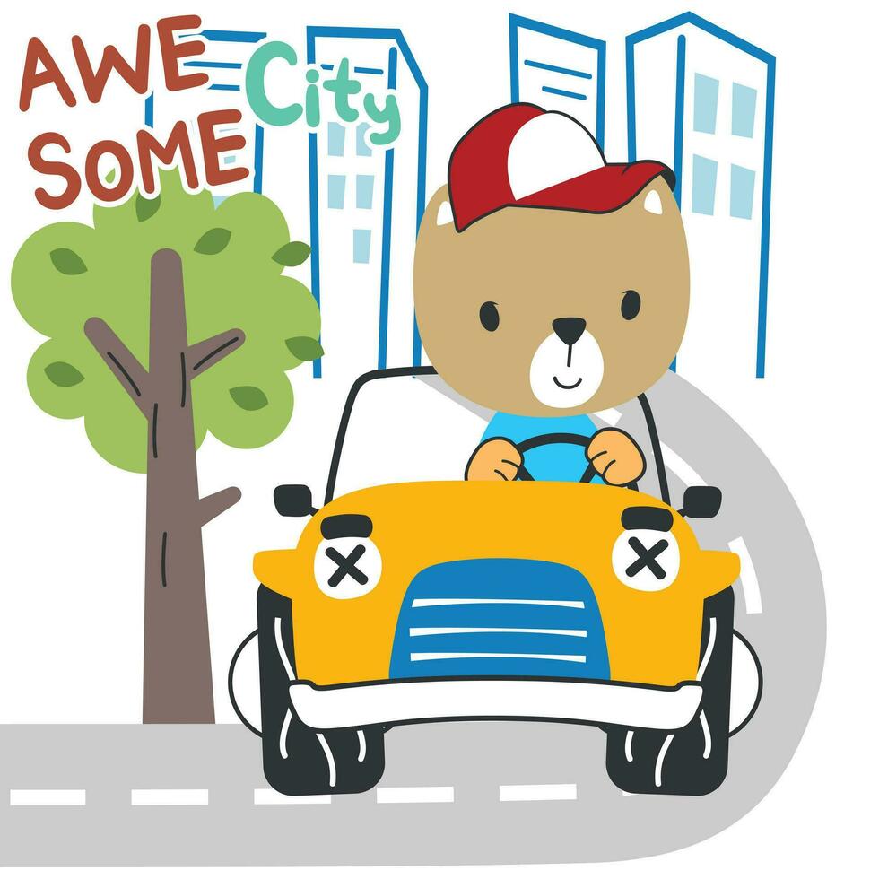 vettore illustrazione di divertente orso guida il rosso macchina. divertente sfondo cartone animato stile per bambini. poco avventura con animali su il strada per asilo disegno, cartone animato maglietta arte design.