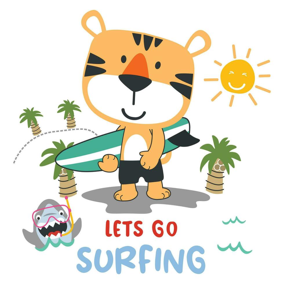 vettore illustrazione di carino poco tigre con un' tavola da surf, divertente sfondo cartone animato stile per bambini per asilo disegno, estate gli sport maglietta Stampa