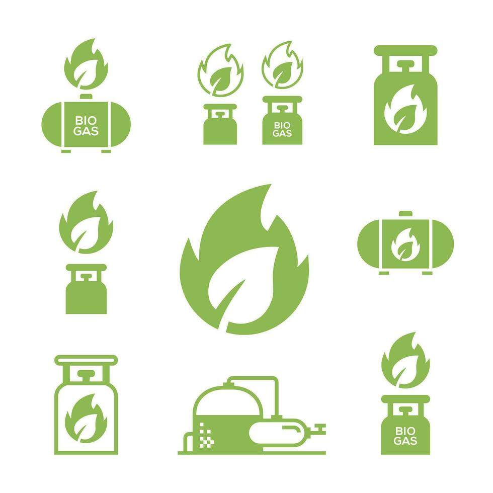 impostato di semplice icone di biogas produzione stadi, rinnovabile energia e verde ambiente vettore