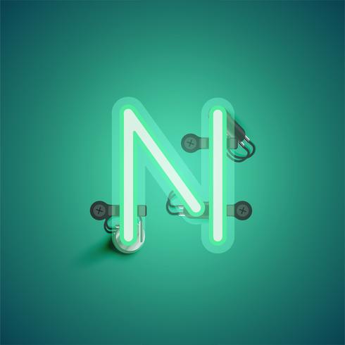 Carattere al neon realistico verde con fili e console da un fontset, illustrazione vettoriale