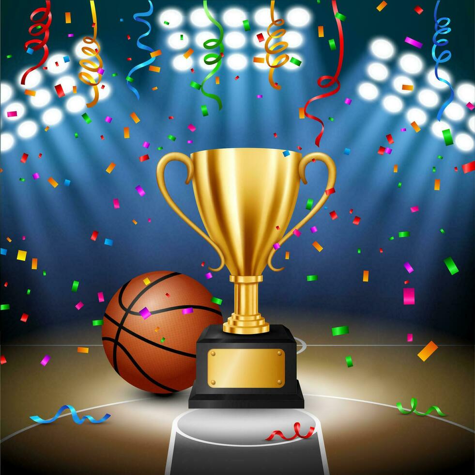 pallacanestro campionato con d'oro trofeo con caduta coriandoli e illuminato riflettore, vettore illustrazione