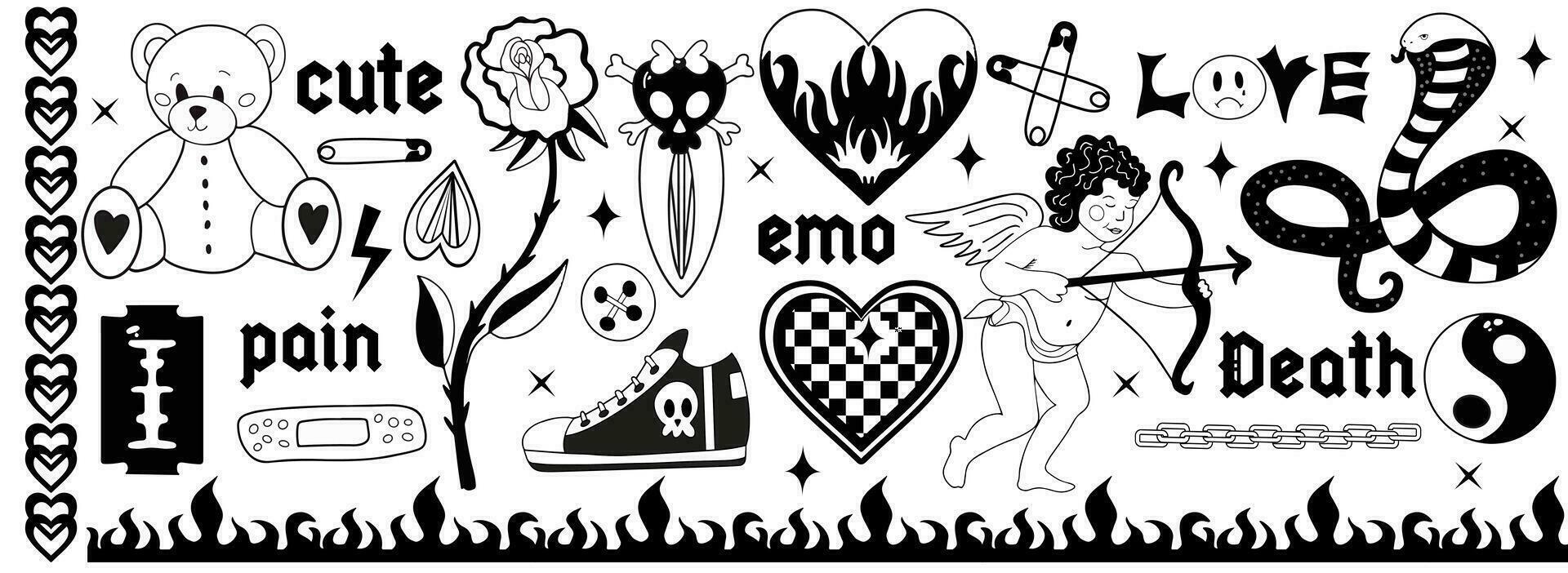 y2k anni 2000 nero grunge emo goth estetico adesivi, tatuaggio arte elementi e slogan. punk roccia cupo impostare. Gotico concetto di raccapricciante amore. vettore illustrazione