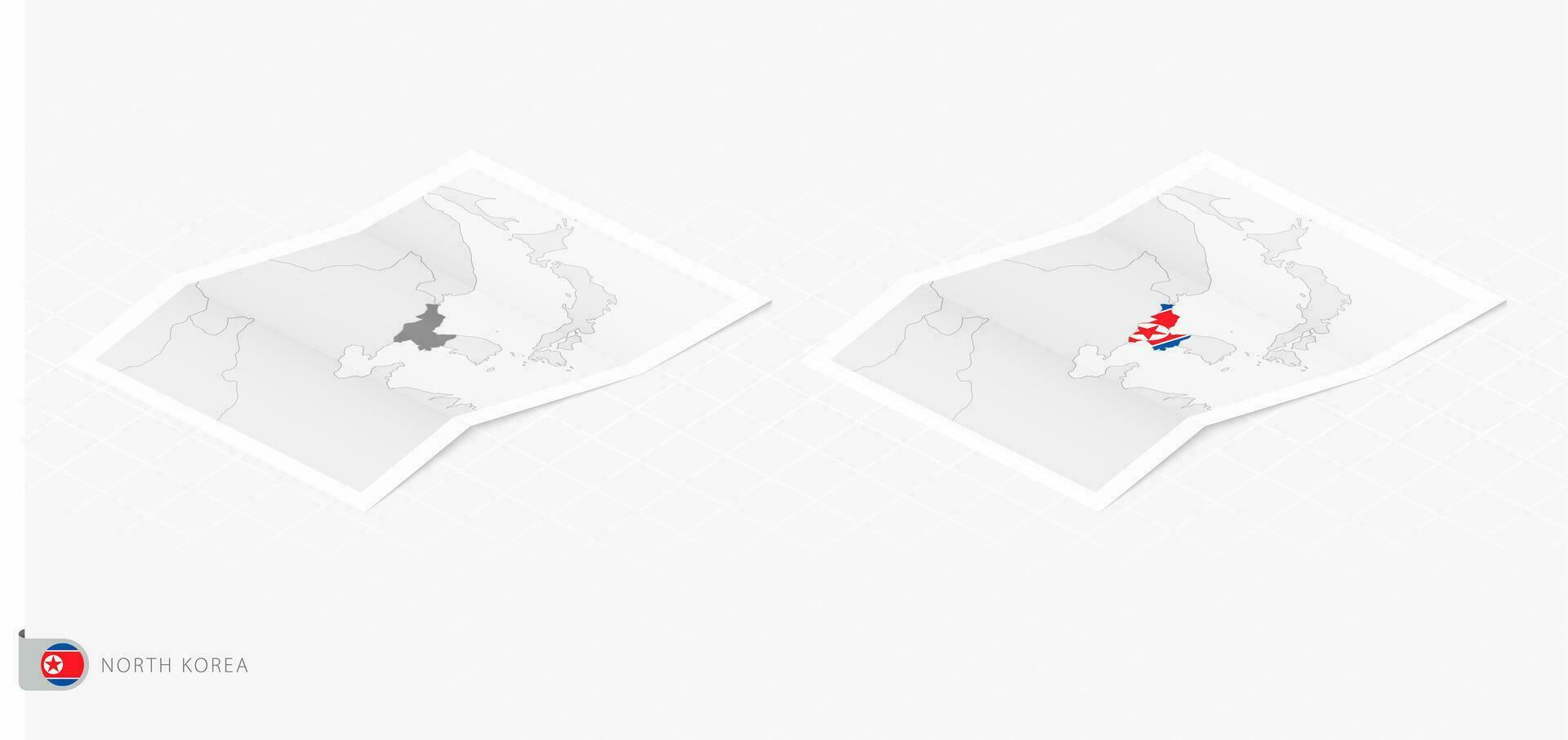 impostato di Due realistico carta geografica di nord Corea con ombra. il bandiera e carta geografica di nord Corea nel isometrico stile. vettore