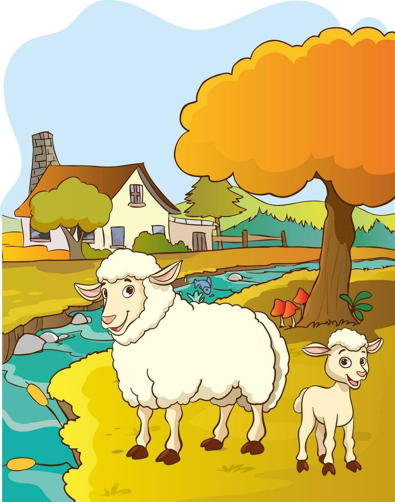 vettore illustrazione di villaggio paesaggio e pecora famiglia