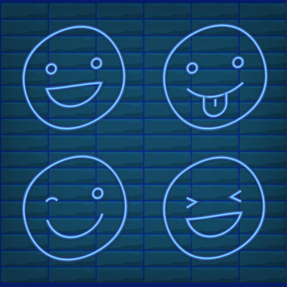 set di emoticon blu luce effetto neon lampada emoji bagliore isolato vettore